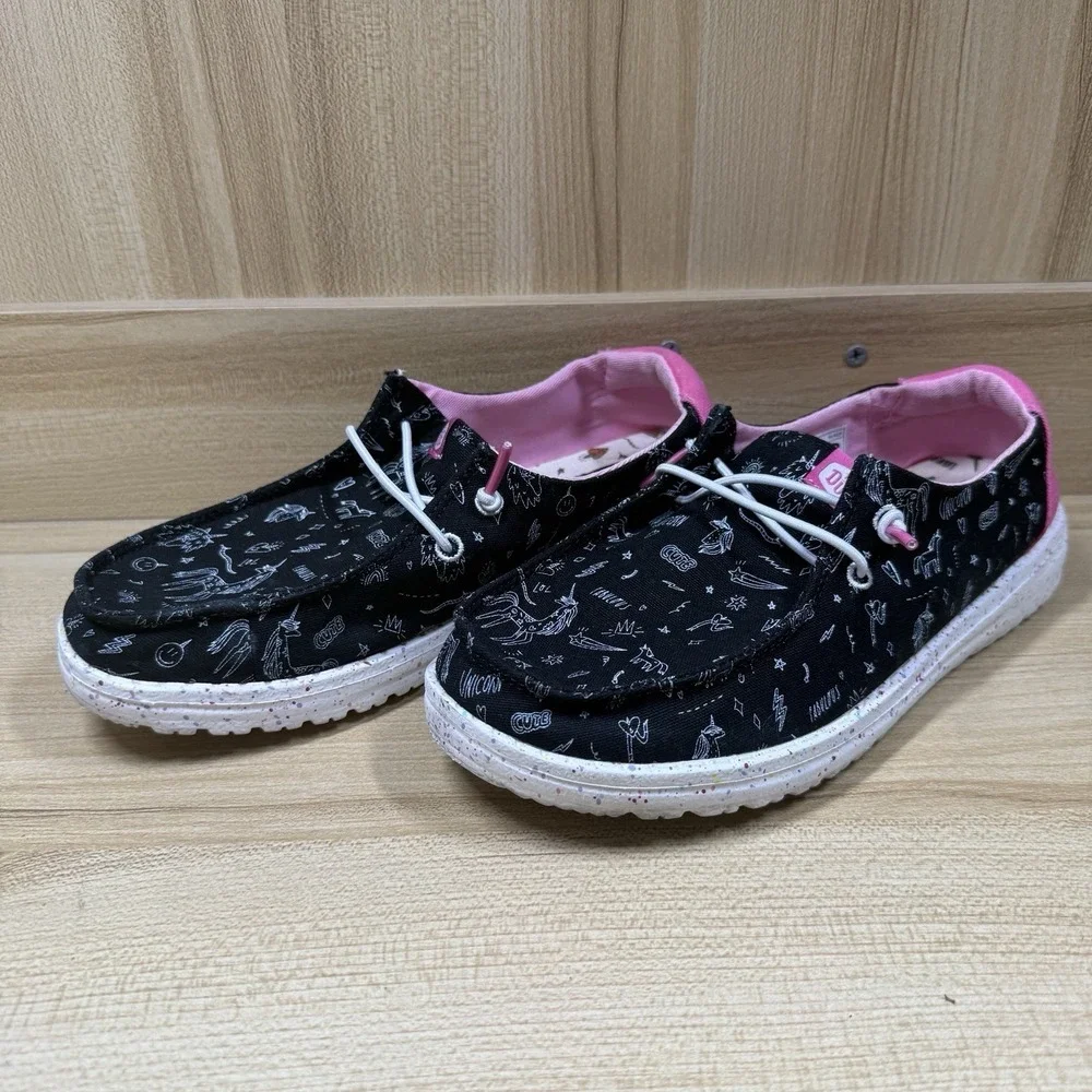 Hey Dude Wendy Youth Unicorn Slip on Loafers Low Top Shoes Black Girls Sz Y4